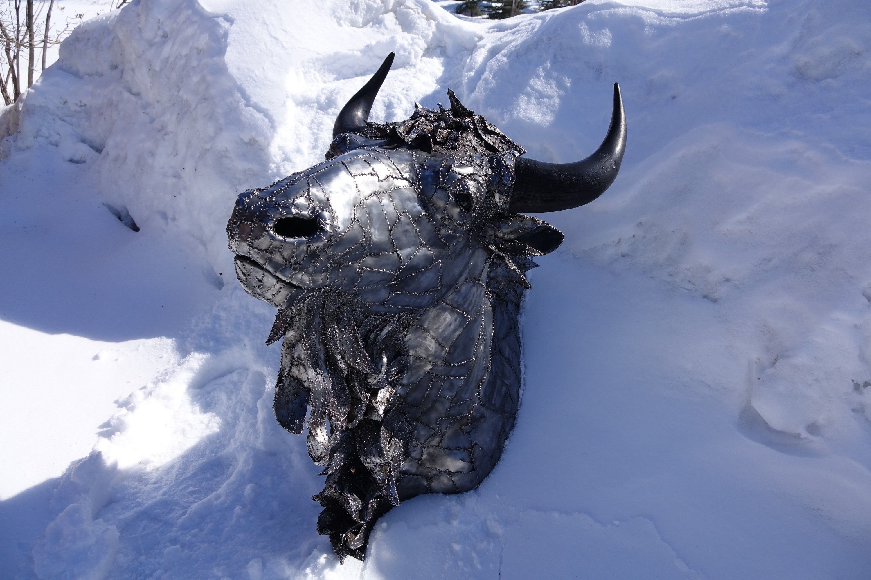 The steel bison head three-quarters on, both horns showing, the panelled surface catching the winter light