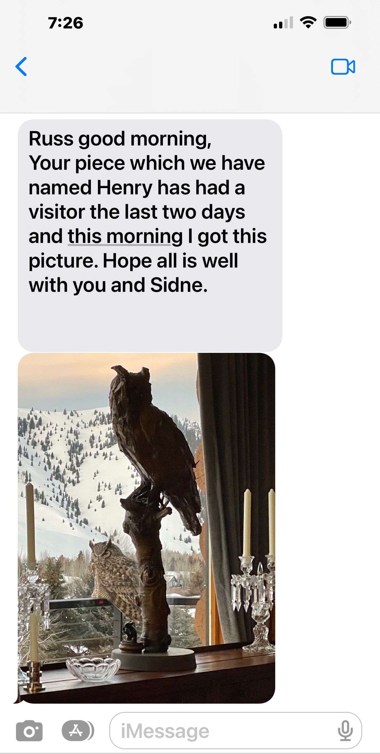 A screenshot of a text message from the client about this casting, the sender's name and picture masked out, with the photograph they sent below the message