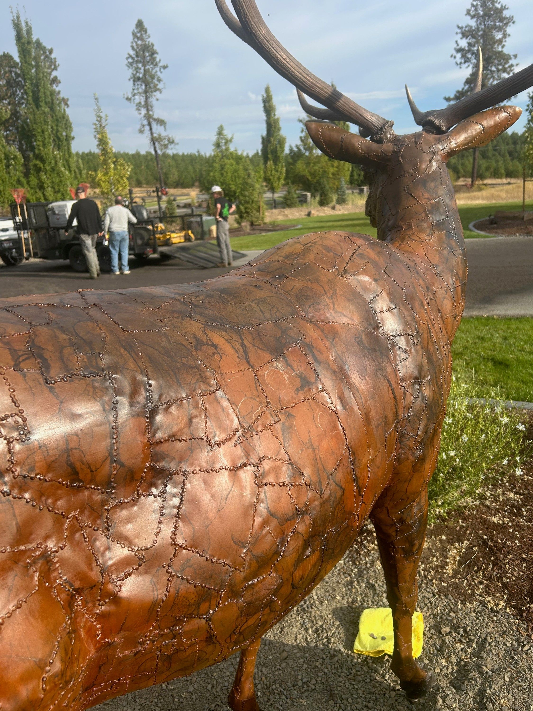 Close view of the bronze bull elk's patchwork patina and weld seams