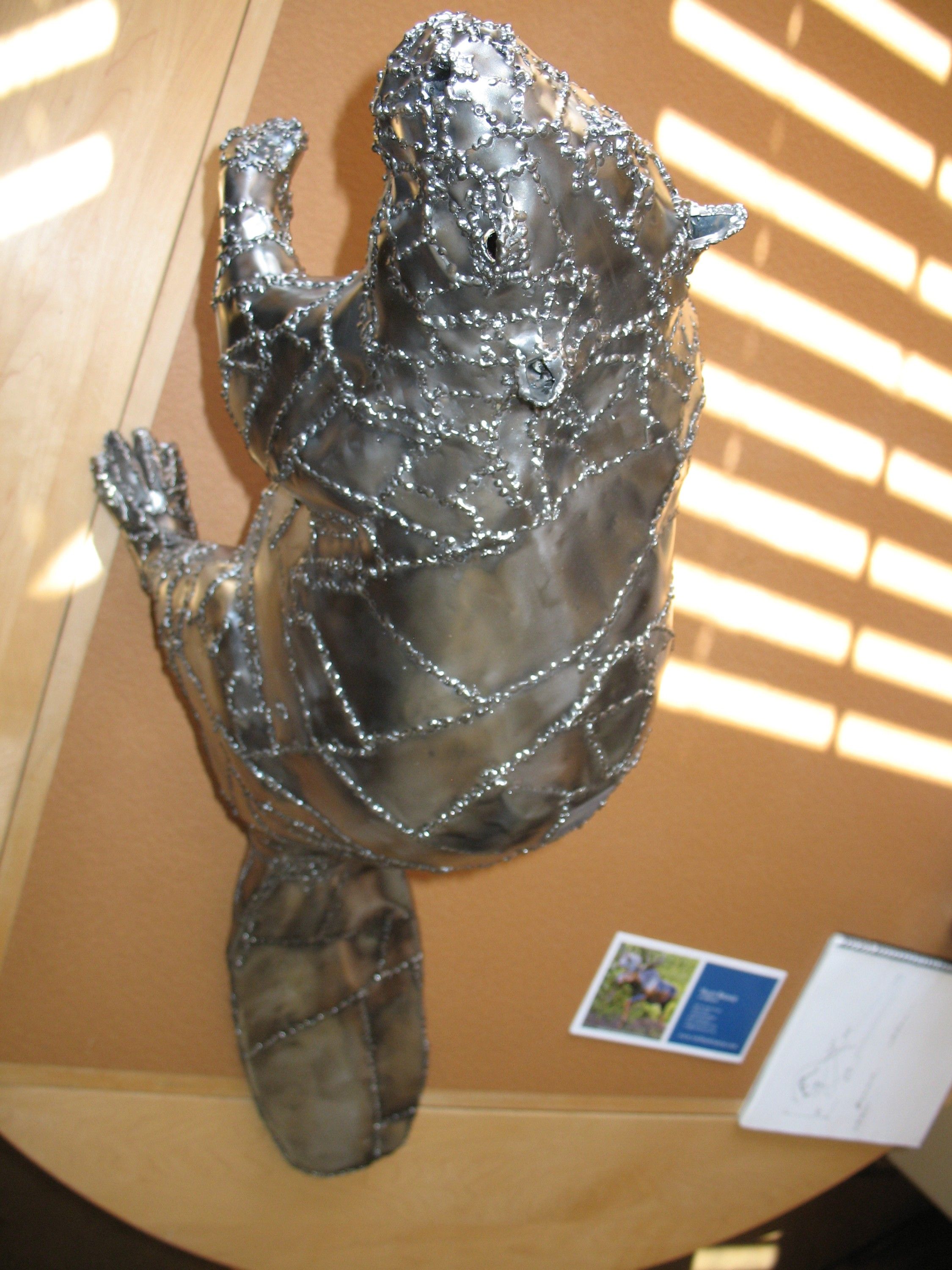 A steel beaver sitting up on its tail with both forepaws raised, on a wooden table in a room with blinds drawn