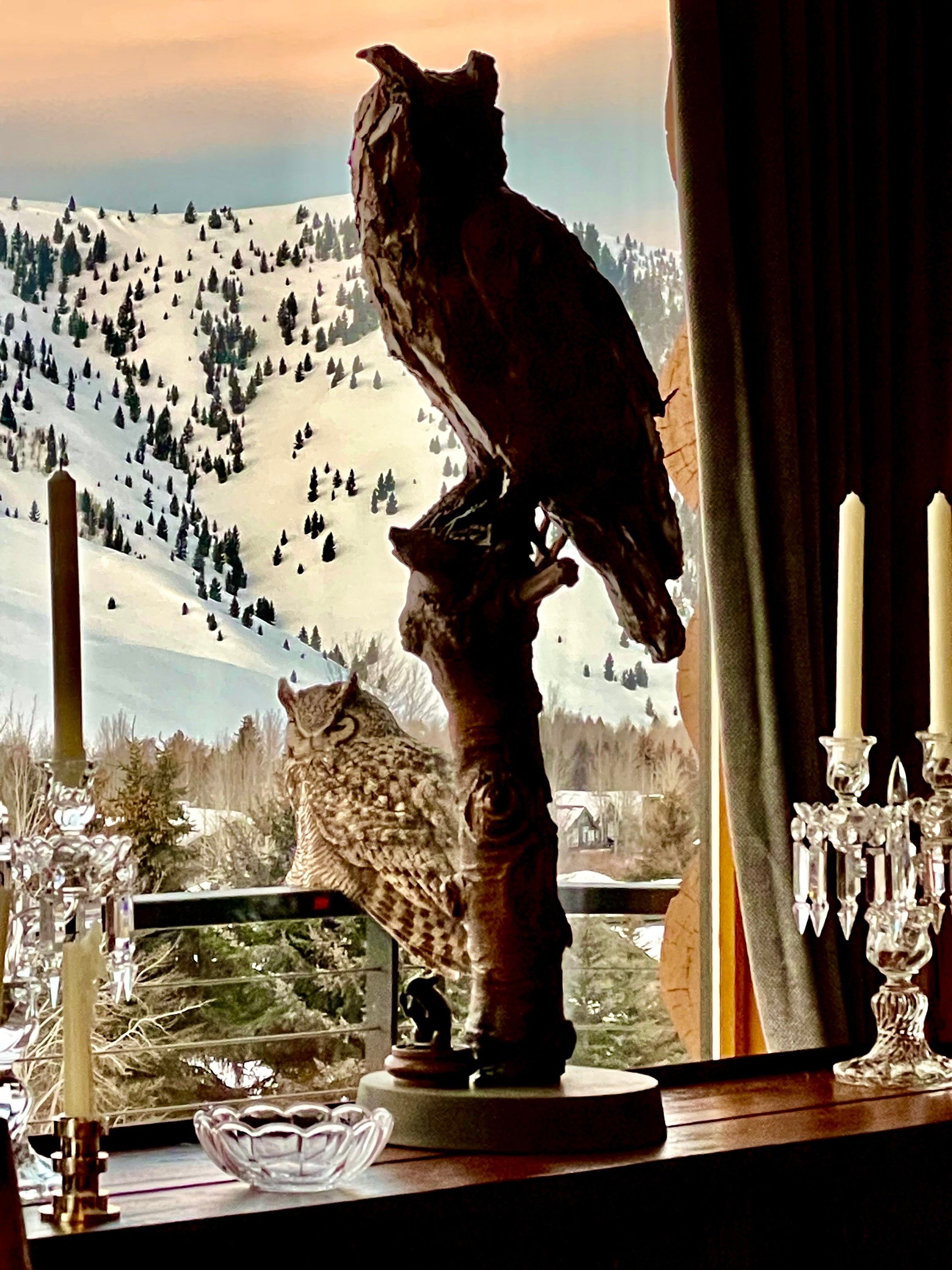 The bronze owl on a windowsill in front of a snow-covered hillside, with a live owl perched below it outside the glass