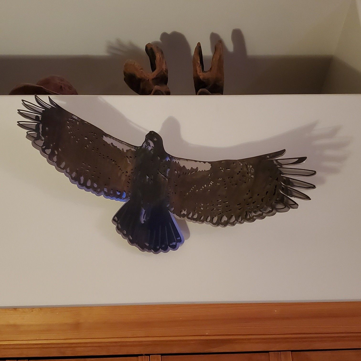 The wall-mounted hawk casting its shadow on a white wall